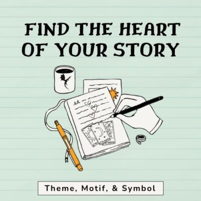 Image reads "Find the Heart of Your Story: Theme, Motif, and Symbol". An image shows a hand writing on a page.